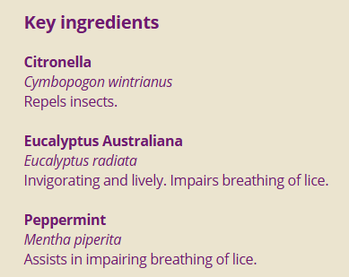 Supplement facts for Lice Repel 10ml listing ingredients including Citronella oil, Peppermint (Mentha × piperita)