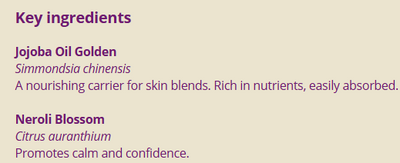 Supplement facts for Neroli: 3% in Jojoba 10ml listing ingredients including Bergamot, Citrus Begamot Extract, Citrus aurantium, Jojoba Oil
