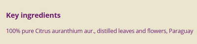 Supplement facts for Petitgrain Bigarade 10ml listing ingredients including Petitgrain Oil