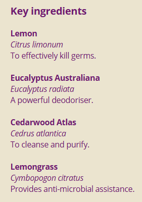 Supplement facts for Purify: Air Cleanser	10ml listing ingredients including Atlas Cedarwood, Cedarwood Oil, Eucalyptus Oil, Lemon Extract, Lemon oil