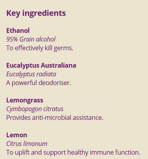 Supplement facts for Purify: Cleansing Spray listing ingredients including Ethanol, Eucalyptus Oil, Lemon Extract, Lemon oil