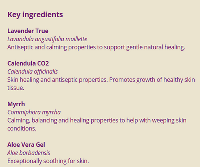 Supplement facts for Repair Skin 100ml listing ingredients including Aloe Barbadensis, Aloe Vera, Angustifolia, Calendula Extract, Commiphora myrrha