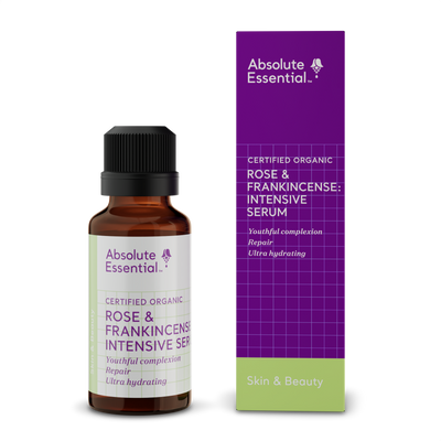 A supplement container of Rose & Frankincense Intensive Serum 25ml by Absolute Essential