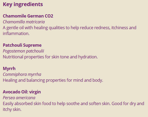 Supplement facts for Scarless Solution 25ml listing ingredients including Avocado oil, Chamomile, Commiphora myrrha, Matricaria Recutita, Myrrh resin