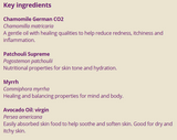 Supplement facts for Scarless Solution 25ml listing ingredients including Avocado oil, Chamomile, Commiphora myrrha, Matricaria Recutita, Myrrh resin