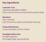 Supplement facts for Sleep Easy	10ml listing ingredients including Angustifolia, Chamomile, Citrus Begamot Extract, Eucalyptus Oil, Lavender Extract
