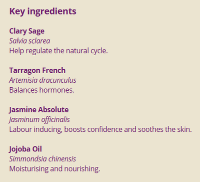 Supplement facts for Start Birth	25ml listing ingredients including Artemisia, Jasmine Absolute, Jasmine Oil, Jojoba Oil, Sage (Salvia officinalis)