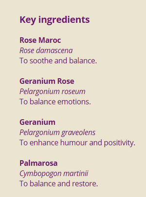 Supplement facts for Sweet Rose 10ml listing ingredients including Geranium Oil, Moroccan Rose oil, Palmarosa (Cymbopogon Martinii), Palmarosa Oil, Pelargonium Root
