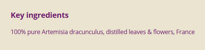 Supplement facts for Tarragon French 5ml listing ingredients including Artemisia, Tarragon