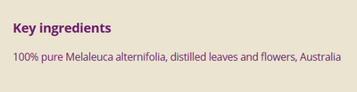 Supplement facts for Tea Tree listing ingredients including Lemon Balm, Melaleuca Alternifolia, Tea tree oil (Melaleuca alternifolia)