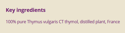 Supplement facts for Thyme Thymol	 5ml listing ingredients including Thyme (Thymus Vulgaris), Thyme (Thymus vulgaris), Thyme leaf (Thymus vulgaris), Thymol
