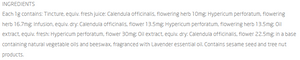 Supplement facts for Hypercal Healing Cream 36ml listing ingredients including Angustifolia, Beeswax, Calendula Extract, Hypericum, Lavender Oil