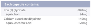 Ingredients: Iron (I)glycinate, Calcium ascorbate dihydrate.