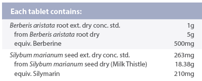 Supplement facts for Berberis Silymarin Complex 60t listing ingredients including Berberine, Berberis aristata, Indian Barberry, Milk thistle, Milk thistle (Silybum marianum)