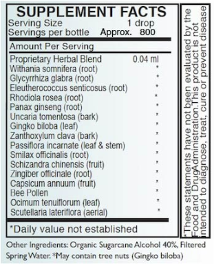 Supplement facts for Adrenal Para - NS Support 30ml listing ingredients including Ashwagandha, Ashwagandha (Withania somnifera), Asian Panax Ginseng, Capsicum annum, Cat's claw