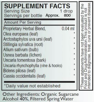 Supplement facts for A-MYCO listing ingredients including Allium sativum, Arctostaphylos, Cat's claw (Uncaria tomentosa), Olea europaea, Uva ursi (Arctostaphylos uva-ursi)