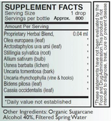 Supplement facts for A-MYCO listing ingredients including Allium sativum, Arctostaphylos, Cat's claw (Uncaria tomentosa), Olea europaea, Uva ursi (Arctostaphylos uva-ursi)