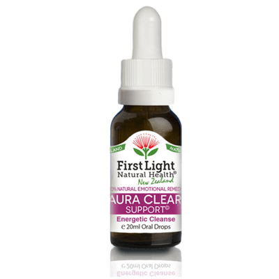 A supplement container of Aura Clear Support© (Energetic Cleanse) 20ml by First Light Natural Health