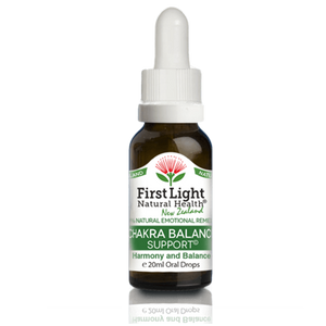 A supplement container of Chakra Balance Support© (Harmony and Balance) 20ml by First Light Natural Health