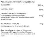 Supplement facts for Children's Throat Spray 30ml listing ingredients including Bee propolis, Bioflavonoids, Black Currant Extract, Chicory extract, Elderberry extract