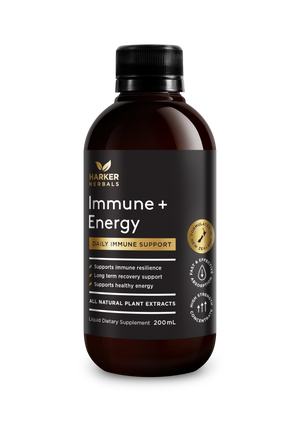 A supplement container of Immune + Energy 200ml by Harker Herbals