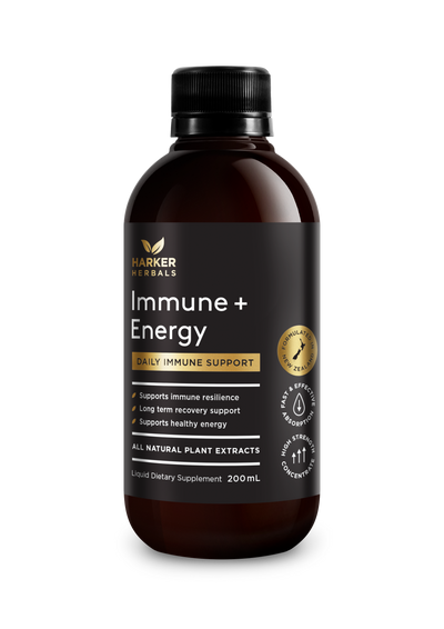 A supplement container of Immune + Energy 200ml by Harker Herbals