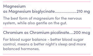 Supplement facts for A Juicy Dose of Magnesium listing ingredients including Chromium Picolinate, Magnesium bisglycinate
