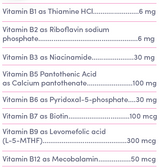 Supplement facts for A Juicy Dose of B Vitamins listing ingredients including Biotin, Calcium Pantothanate, Folate, L-5-MTHFR, L-5-Methyltetrahydrofolic acid