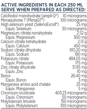 Supplement facts for Alkalising Mineral Complex 154g listing ingredients including Borax, Boron, Calcifediol monohydrate, Calcium, Calcium citrate