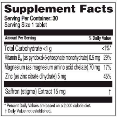 Ingredients: Vitamin B6, Magnesium, Zinc, Saffron.