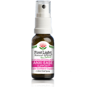 A supplement container of Anxi Ease Support (Calm Confident Capable) 20ml by First Light Natural Health
