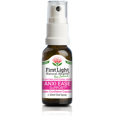 A supplement container of Anxi Ease Support (Calm Confident Capable) 20ml by First Light Natural Health