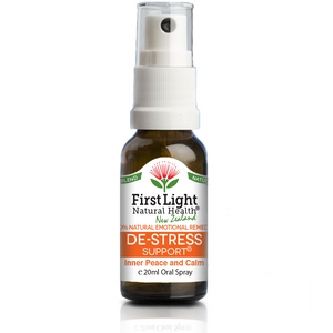 A supplement container of De-Stress Support (Inner Peace and Calm) 20ml by First Light Natural Health