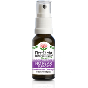 A supplement container of No Fear Support (Uplifted Fearless Courageous) 20ml by First Light Natural Health