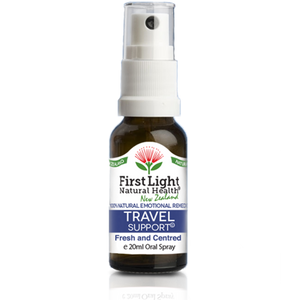 A supplement container of Travel Support (Fresh and Centred) 20ml by First Light Natural Health