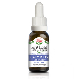 A supplement container of Calm Kids Support (Quiet time) 20ml by First Light Natural Health