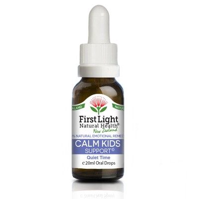 A supplement container of Calm Kids Support (Quiet time) 20ml by First Light Natural Health