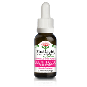 A supplement container of Client Focus Support (Heart Centred) 20ml by First Light Natural Health