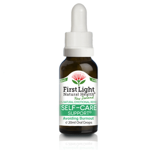 A supplement container of Self- Care Support (Avoiding Burnout) 20ml by First Light Natural Health