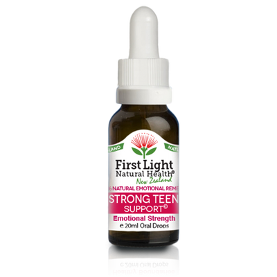 A supplement container of Strong Teen Support (Emotional Strength) 20ml by First Light Natural Health