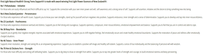 Supplement facts for Strong Teen Support (Emotional Strength) 20ml listing ingredients including Hen And Chickens Fern, Jasmine Oil, Lacebark, Podocarpus Totara, Pohutukawa