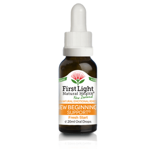 A supplement container of New Beginnings Support (Fresh Start) 20ml by First Light Natural Health