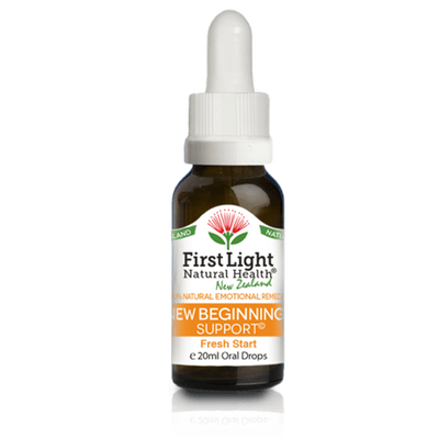 A supplement container of New Beginnings Support (Fresh Start) 20ml by First Light Natural Health