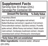 Supplement facts for ImmuneMedix 120ml listing ingredients including Astragalus, Cat's claw (Uncaria tomentosa), Cordyceps, Goji berry, Mushroom extract