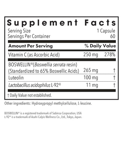 Supplement facts for Aller-Aid L-92 listing ingredients including Leucine (L-Leucine), Luteolin, Vitamin C (ascorbic acid)