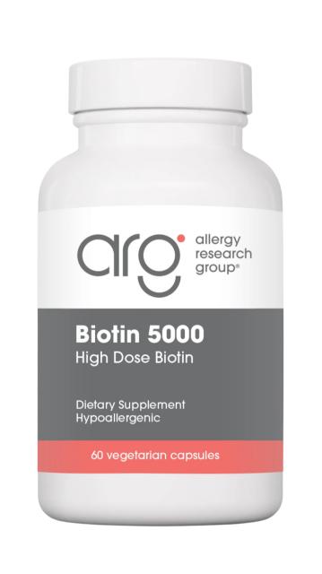 A supplement container of Biotin 5000 by Allergy Research Group