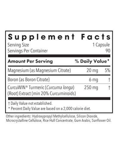 Supplement facts for Boron Joint with CurcuWIN listing ingredients including Boron, Magnesium citrate, Silicon dioxide
