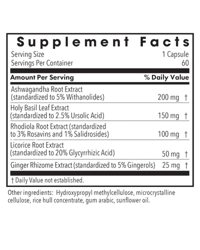 Supplement facts for Herbal Adapt HPA Axis Restore listing ingredients including Ashwagandha, Ginger, Glycyrrhiza glabra, Holy Basil, Licorice