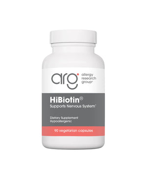 A supplement container of HiBiotin by Allergy Research Group