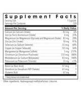 Supplement facts for MultiMin listing ingredients including Calcium citrate, Chromium Picolinate, Copper, Glutamic Acid, Leucine (L-Leucine)